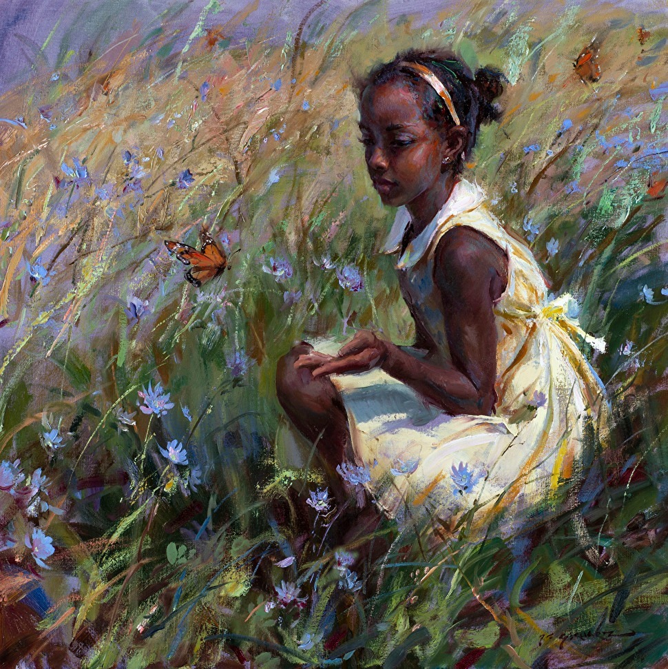 Impressionist painting of a young girl sitting in a colorful wildflower field with butterflies
