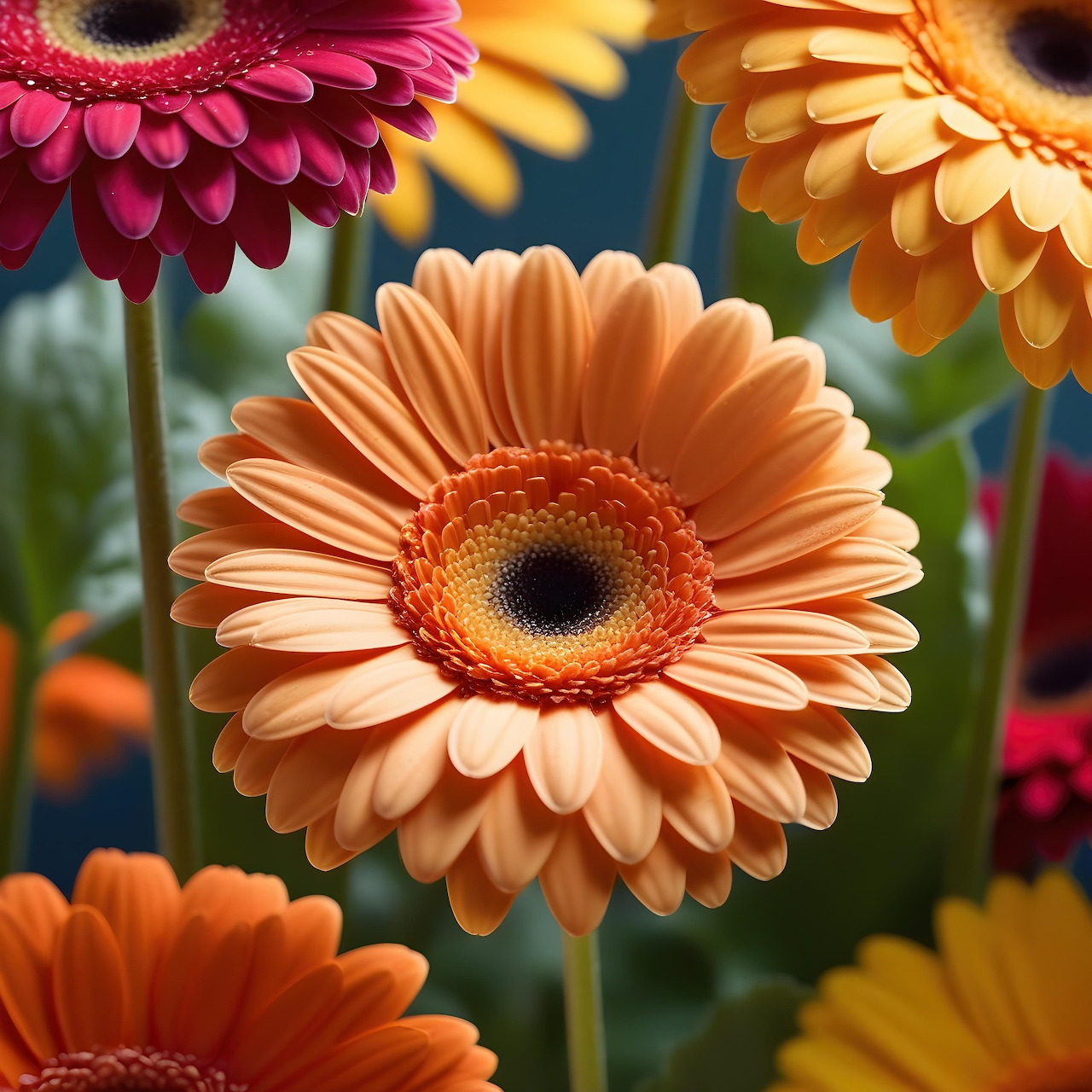 Close-up of colorful gerbera daisy flowers in orange, yellow, and pink