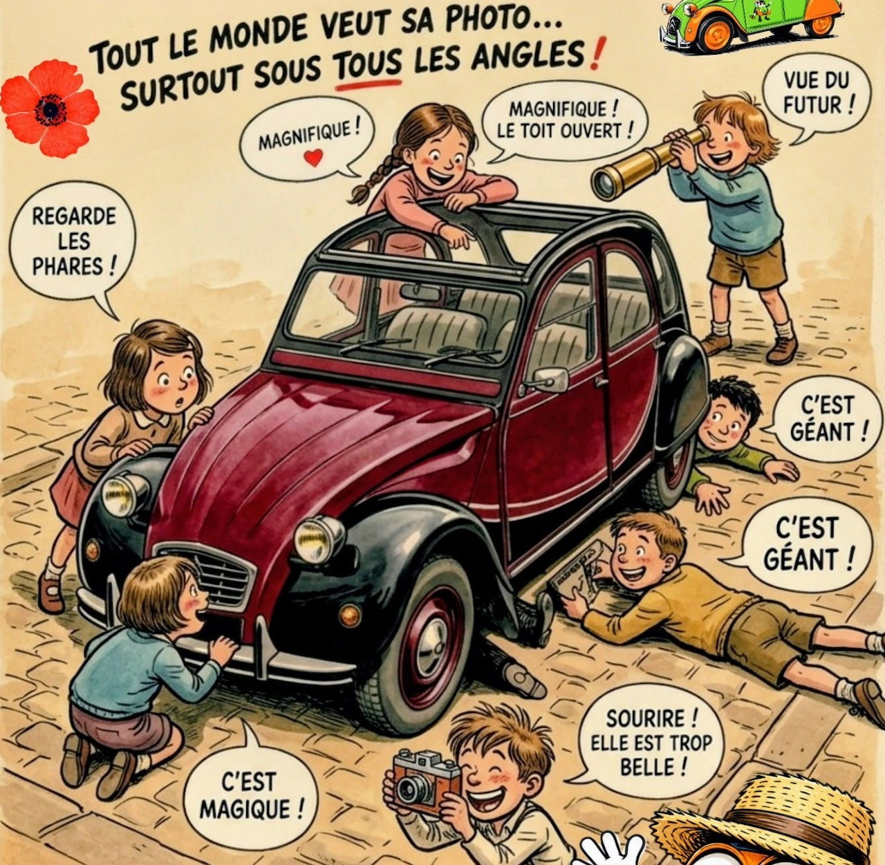 Cartoon maroon Citroën 2CV car surrounded by excited children with French speech bubbles