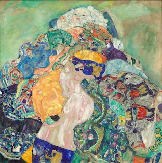 Klimt painting of baby surrounded by intricate colorful patterned textiles