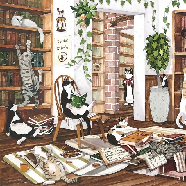 Illustration of several cats in a cozy library with books, papers, chairs, ivy, and a brick fireplace