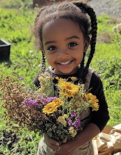 Smiling young girl with pigtails holding a bouquet of yellow and purple wildflowers outdoors