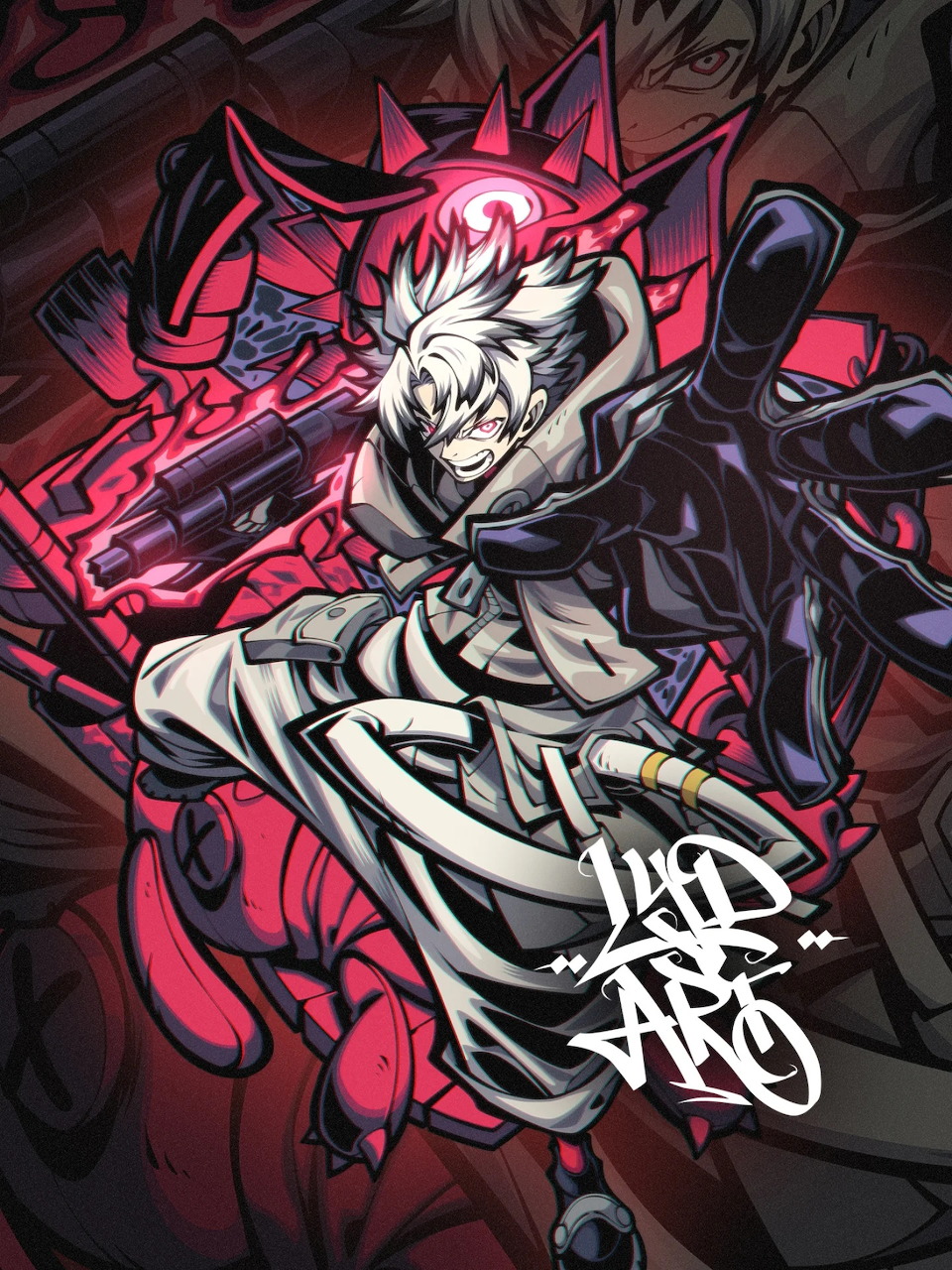 Rudo from Gachiakuta anime, white-haired fighter in action pose with wrapped arms and dark dramatic background