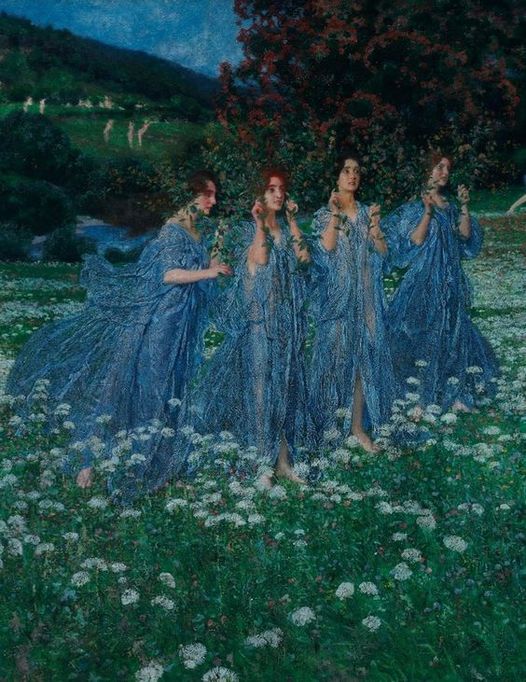 Four women in flowing blue dresses dancing in a wildflower field in a romantic classical painting