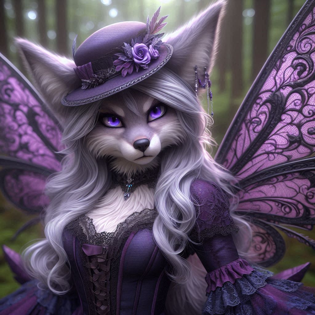 Fantasy fox fairy in purple dress and hat with glowing violet eyes and ornate wings in a forest