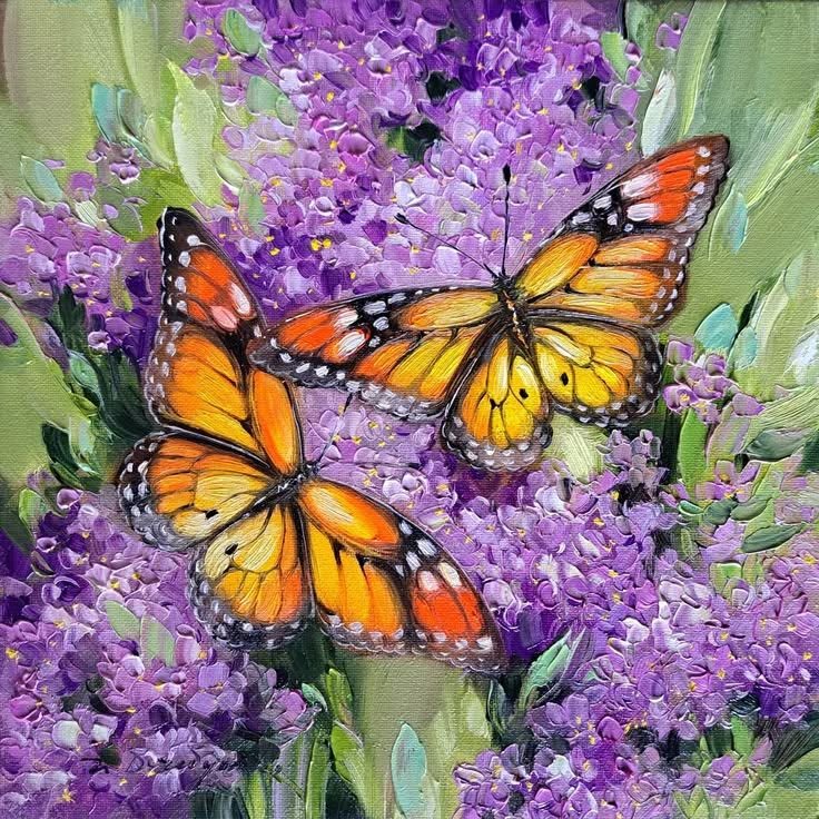 Two orange monarch butterflies on purple flowers in a painted floral scene