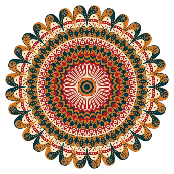 Colorful circular mandala pattern with layered geometric petals on a white background