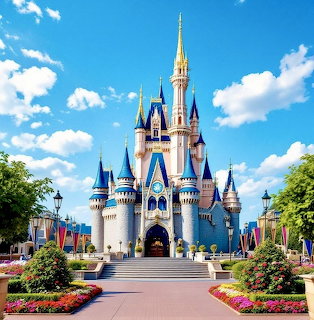 Fairy tale castle with blue spires and turrets on a sunny day with flowers in foreground