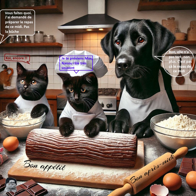 Black dog and two black cats in aprons baking at a kitchen counter with flour, eggs, and a cake roll