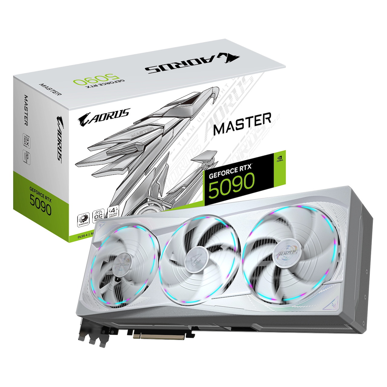 White triple-fan graphics card displayed next to its retail box on a white background
