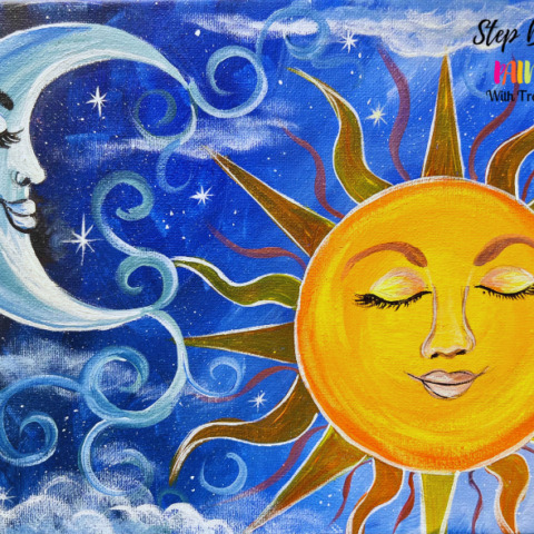 Painted sun and moon faces with decorative swirls on blue starry background