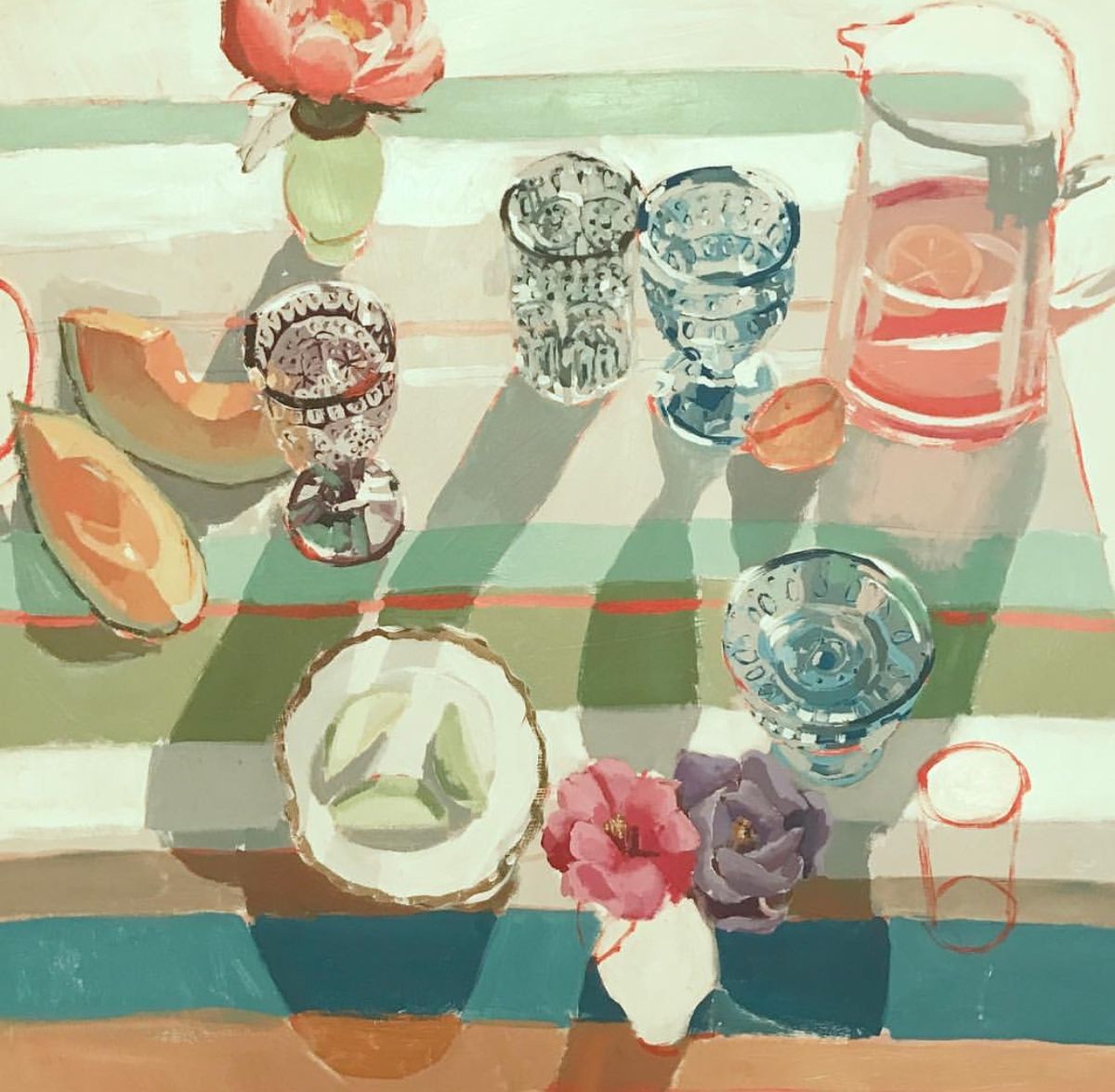 Watercolor still life with glass vases, flowers, and objects on striped table