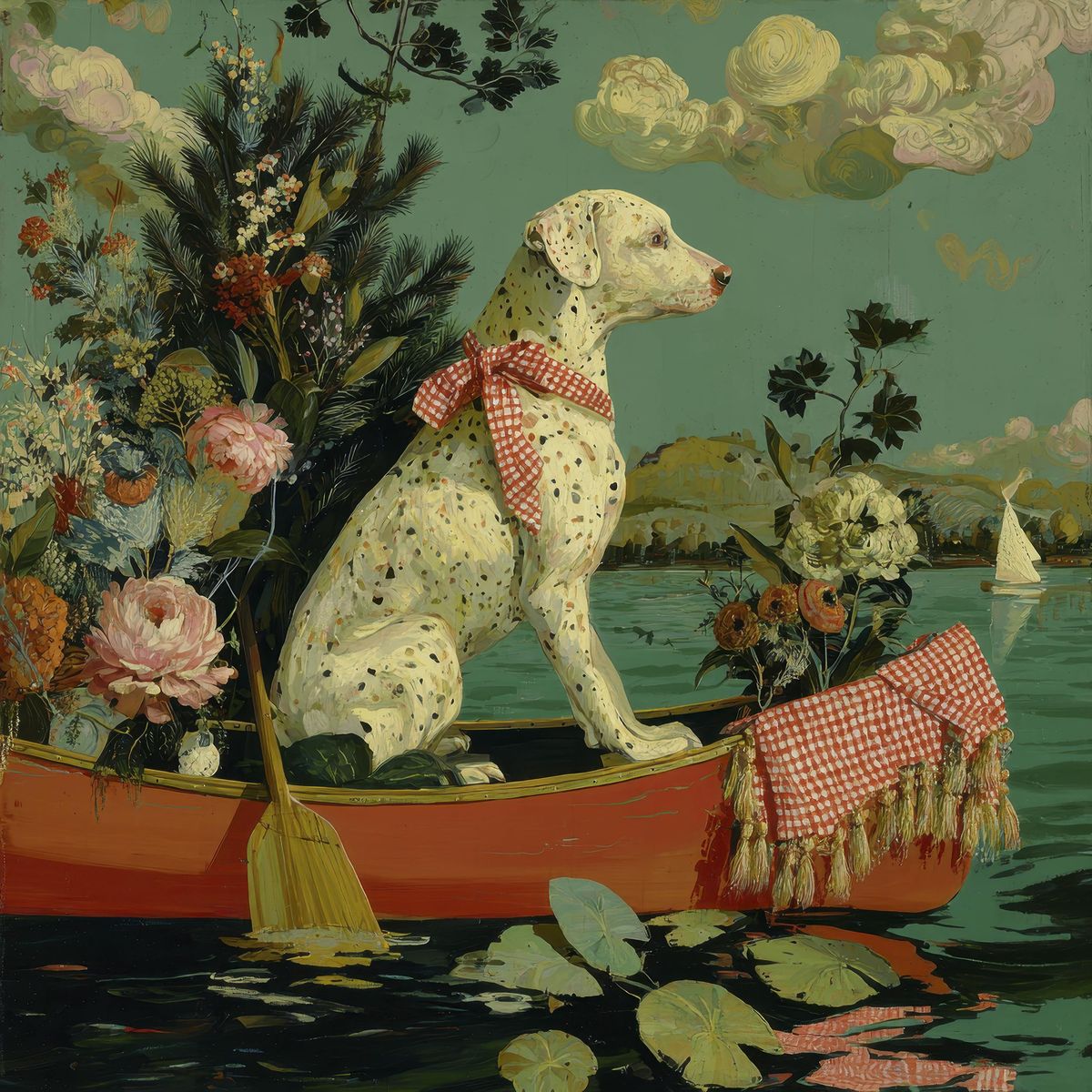 White spotted dog in checkered scarf sits in red canoe with flowers on lake under cloudy winter sky