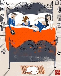 Illustration of a family of four sleeping in a big bed with orange blanket and white cat on the floor