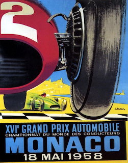 Vintage 1958 Monaco Grand Prix poster with a close-up race car wheel and bold lettering