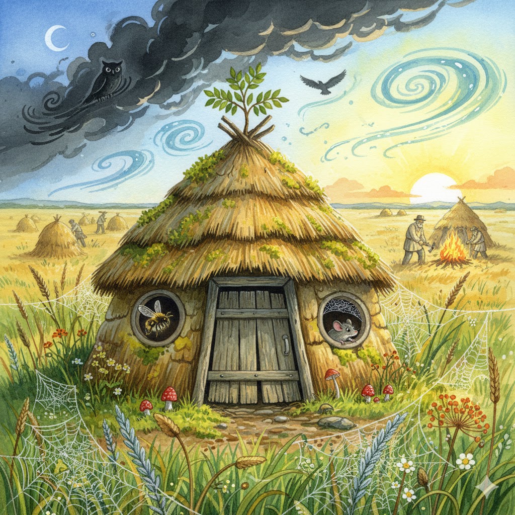 Whimsical thatched hut with round windows in steppe landscape under dramatic sky with moon and swirling clouds