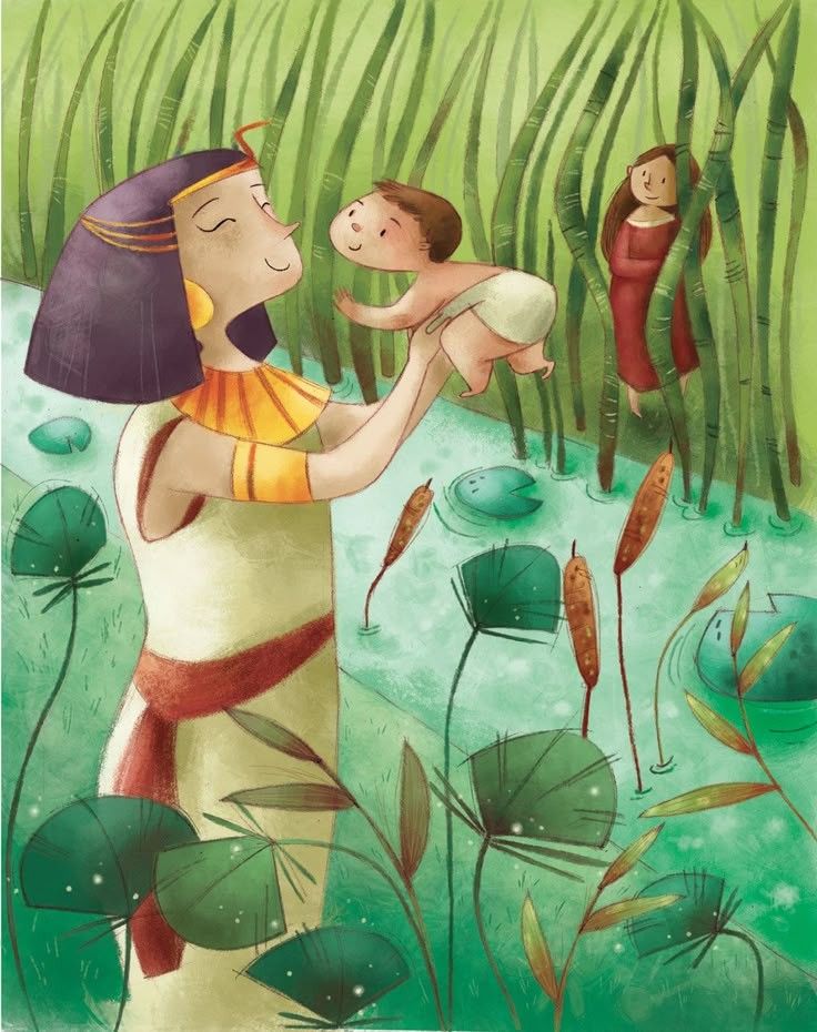 Children's illustration of Egyptian princess lifting baby Moses from the Nile among reeds and lotus leaves