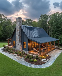 Rustic cabin with stone chimney, black roof, lit porch, lawn, and surrounding trees at dusk