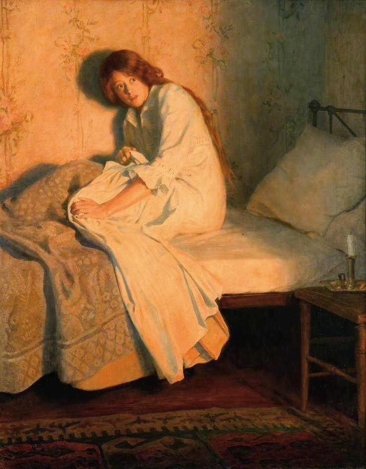 Classical painting of a young woman in white robe sitting on a bed in warm golden light