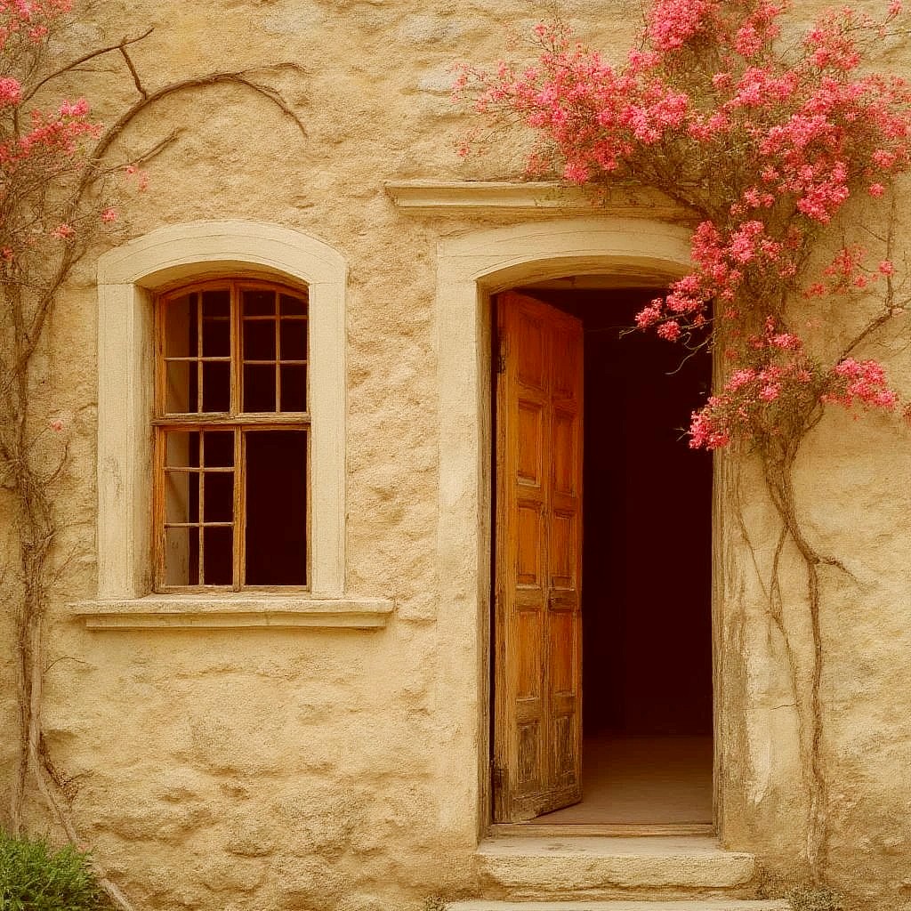 Open wooden door in weathered stone cottage wall with pink flowers and arched window