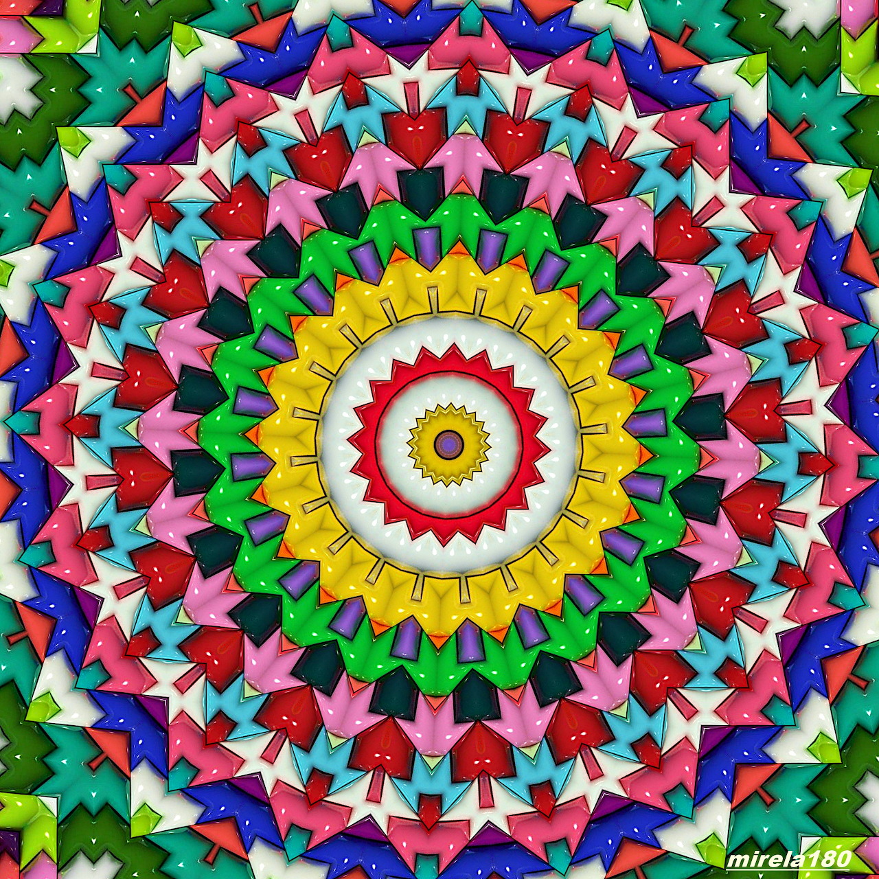 Colorful geometric mandala with radiating concentric circles of triangular and diamond shapes in vivid colors