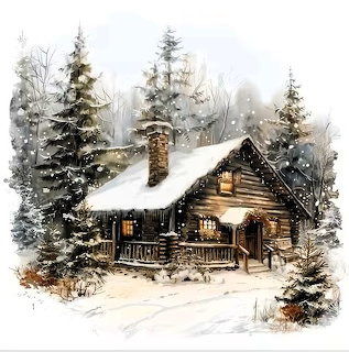 Watercolor illustration of a snow-covered log cabin surrounded by pine trees in winter