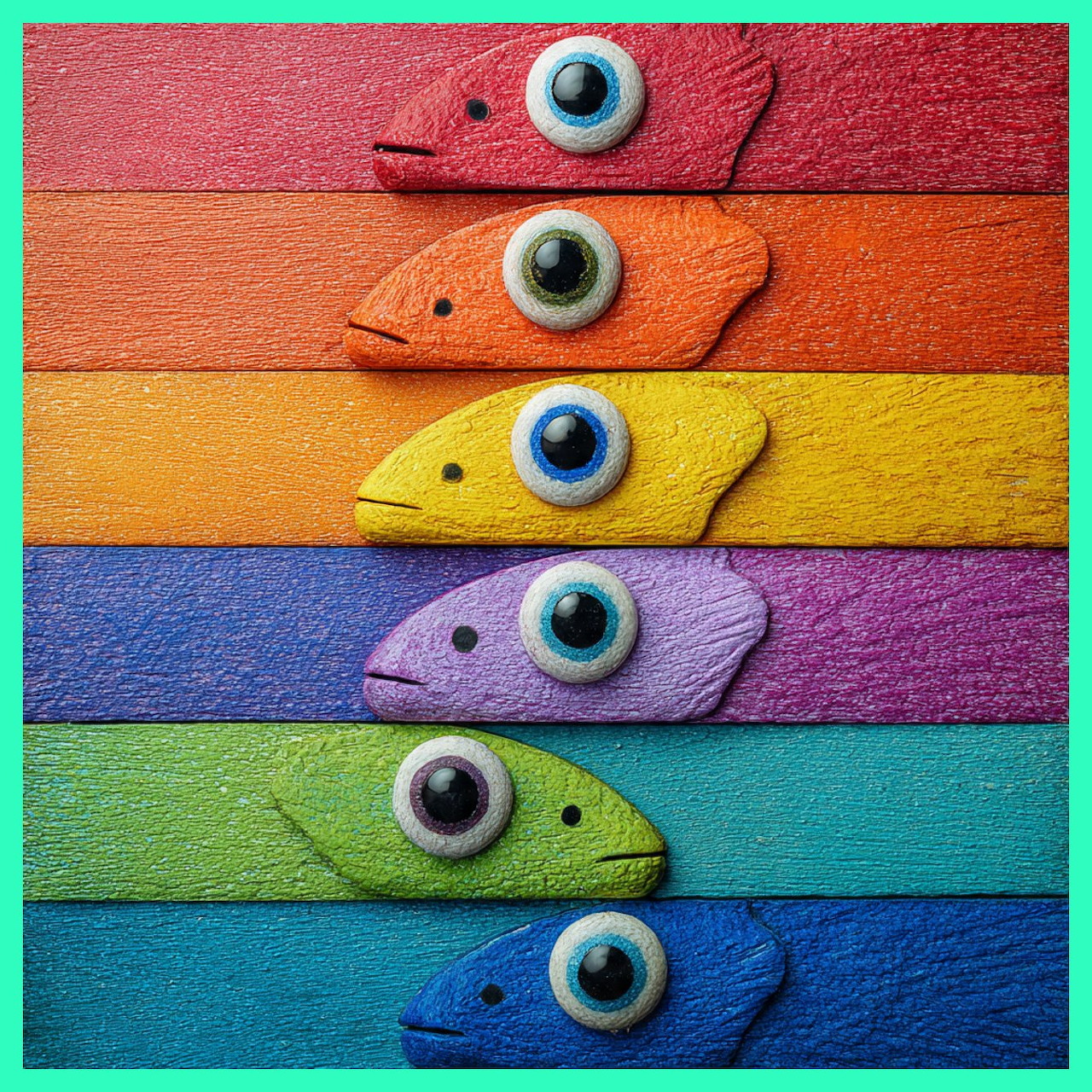 Six colorful fish heads on horizontal painted wooden boards in rainbow hues