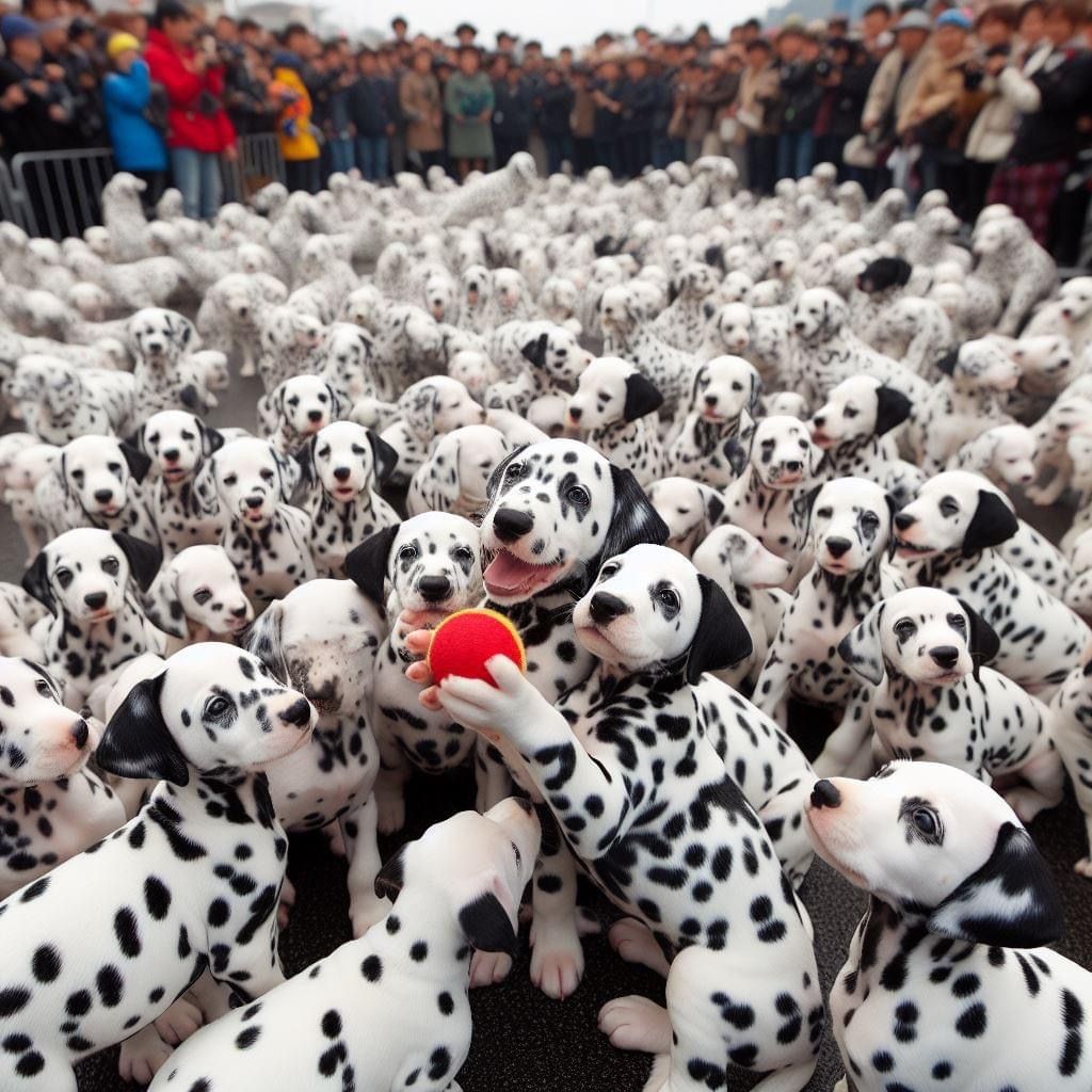Crowd of Dalmatian puppies packed together, with one holding a red and yellow ball
