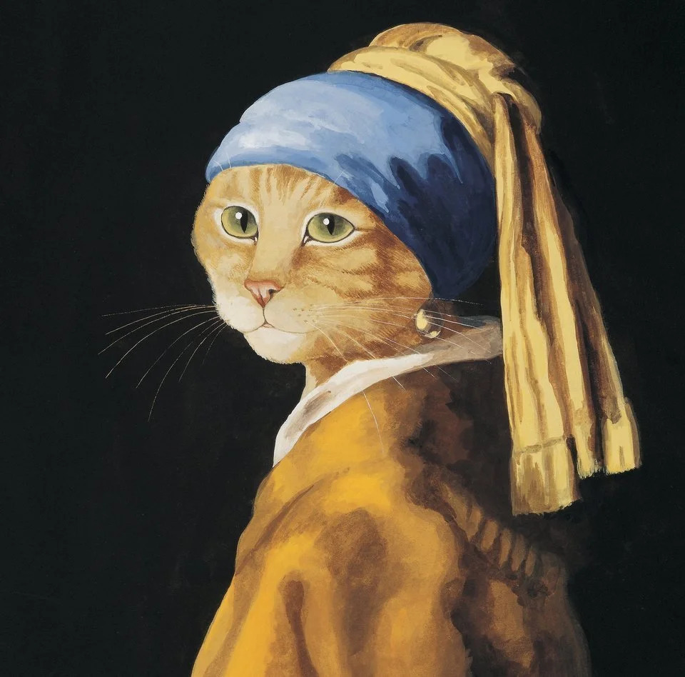 Painting of an orange tabby cat in a blue and yellow headscarf like Girl with a Pearl Earring
