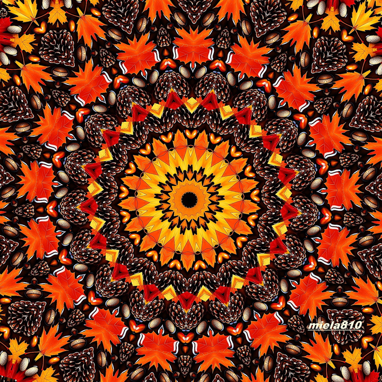 Symmetrical mandala with orange flower petals and ornate black lacework in circular pattern