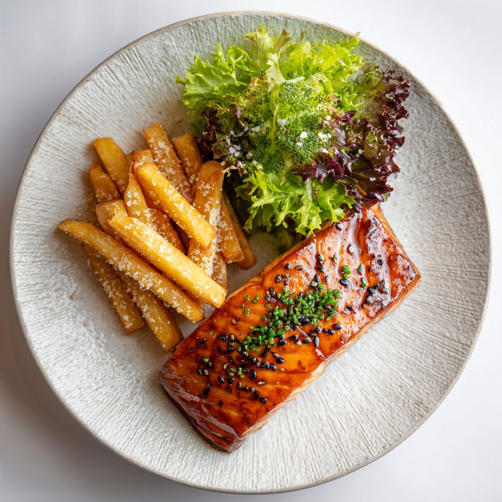 Grilled salmon fillet with french fries and lettuce on white plate