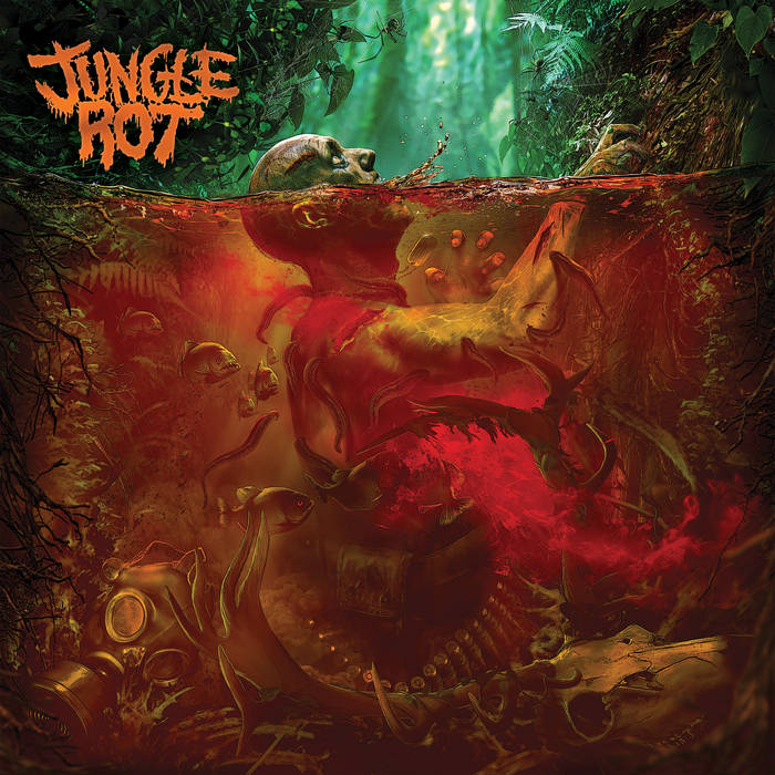 Dark jungle artwork with a skull above red swamp water and a monstrous face beneath the surface