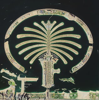 Aerial view of Dubai's Palm Jumeirah artificial island shaped like a palm tree