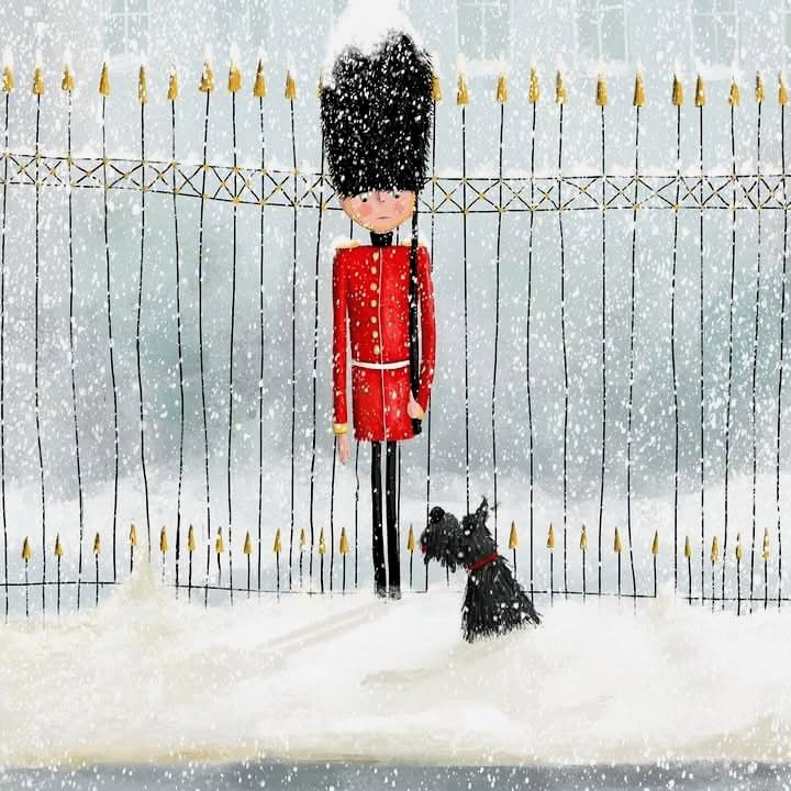 Illustration of a British guard in red standing in snowy weather beside a small black dog