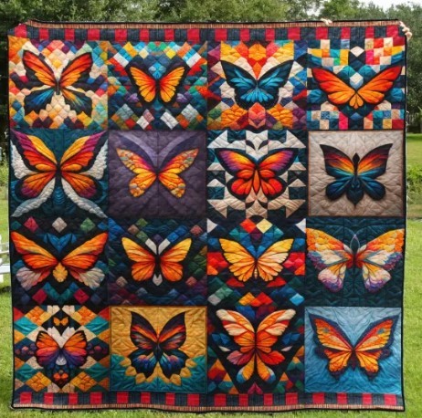 Handmade quilt with various colorful butterfly motifs arranged in a grid of patterned squares.