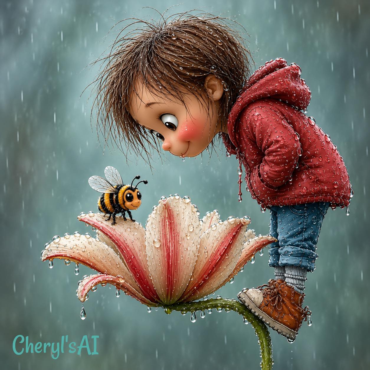 Cute child in a red hoodie looking at a bee on a pink flower in the rain