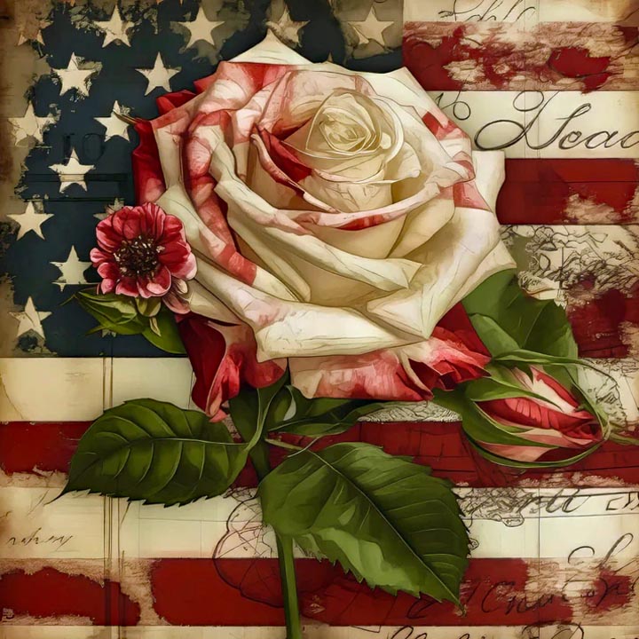 White and red rose illustration over a vintage American flag background