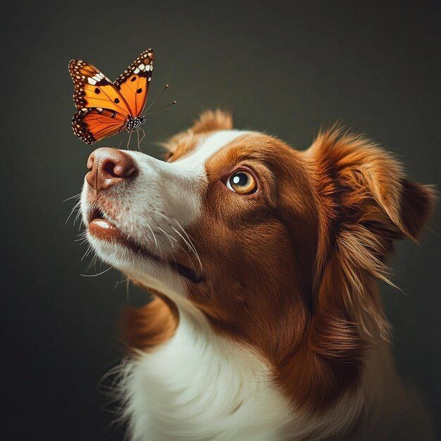 Brown and white dog looking up at orange butterfly on its nose