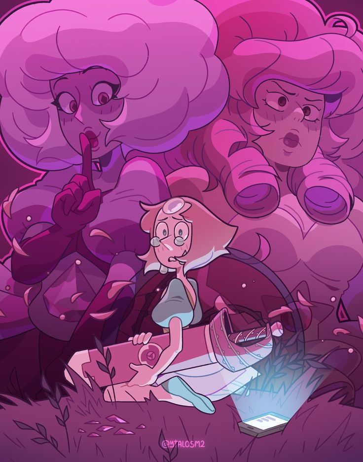 Steven Universe fan art with Pearl and large pink gem characters in a glowing purple scene