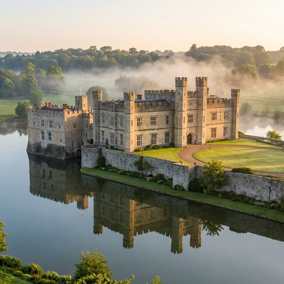 Stone castle beside a reflective moat with morning mist and trees