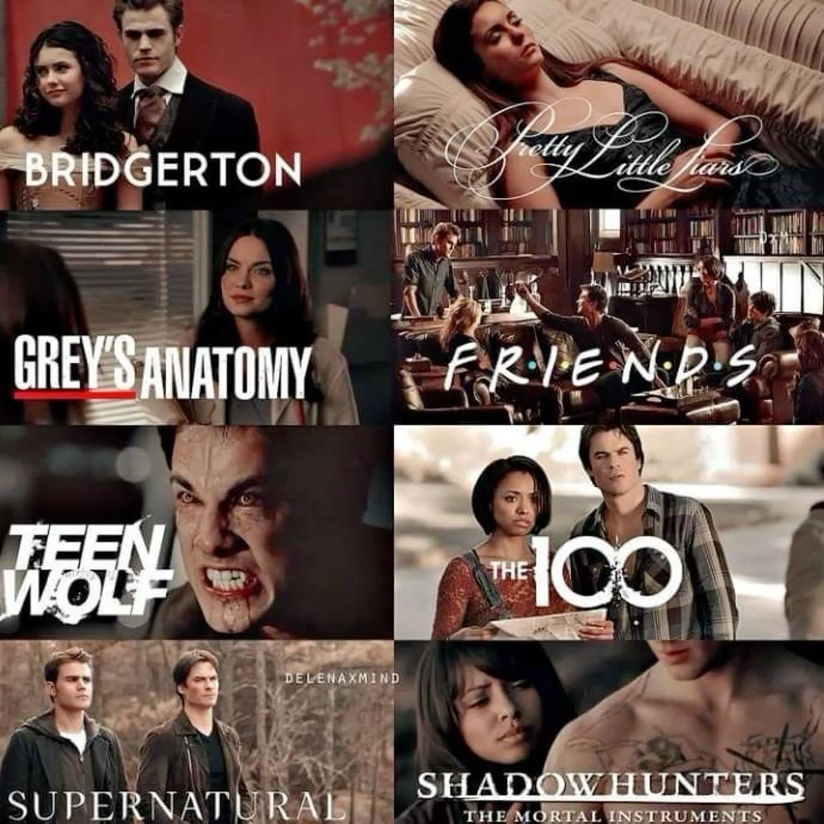 Square collage of posters for several TV series including Bridgerton, Friends, Supernatural, and Teen Wolf