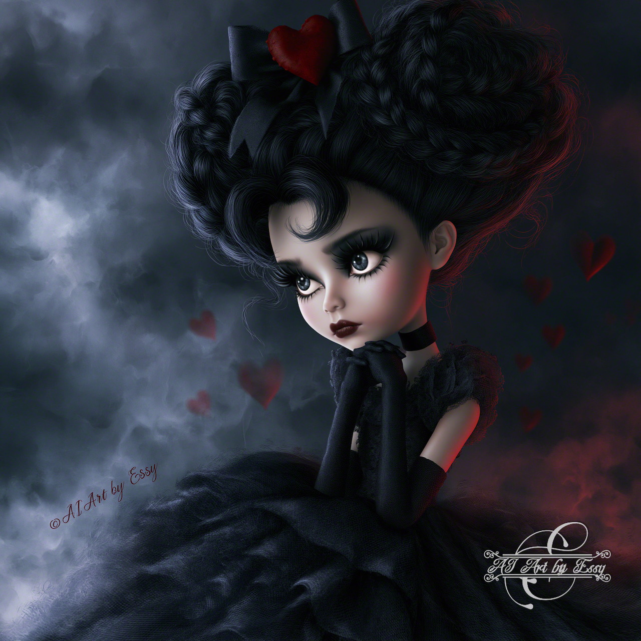 Gothic doll-like girl in a black dress with braided hair and red accents on a smoky dark background