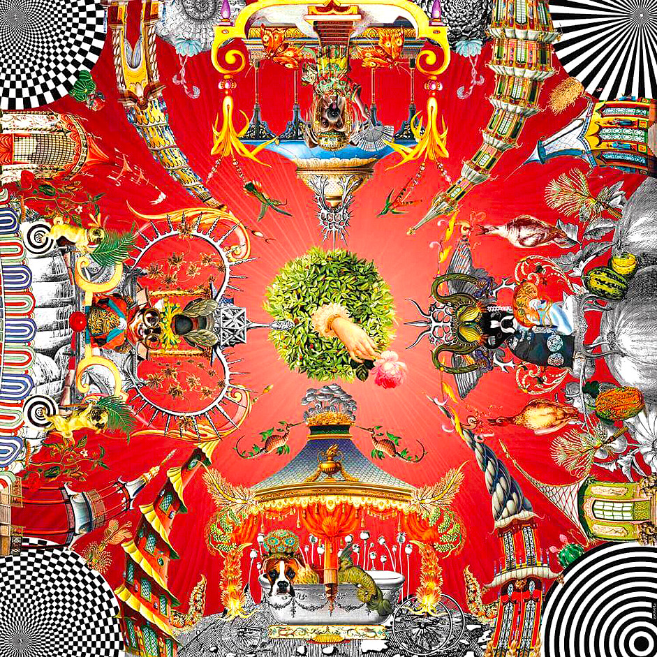Symmetrical collage with opera house, spiral patterns, red drapes, and ornate golden architectural details