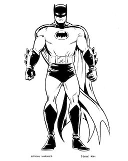 Black-and-white drawing of Batman standing with cape and bat emblem on his chest.