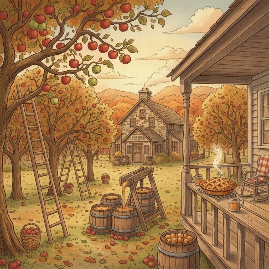 Autumn apple orchard illustration with ladders, barrels, baskets of apples, and farm building under golden trees