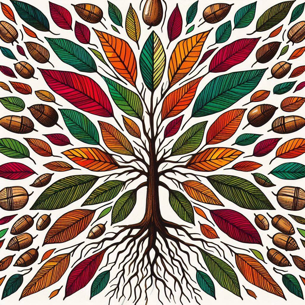 Illustrated autumn tree with colorful leaves, acorns, and visible roots on a white background