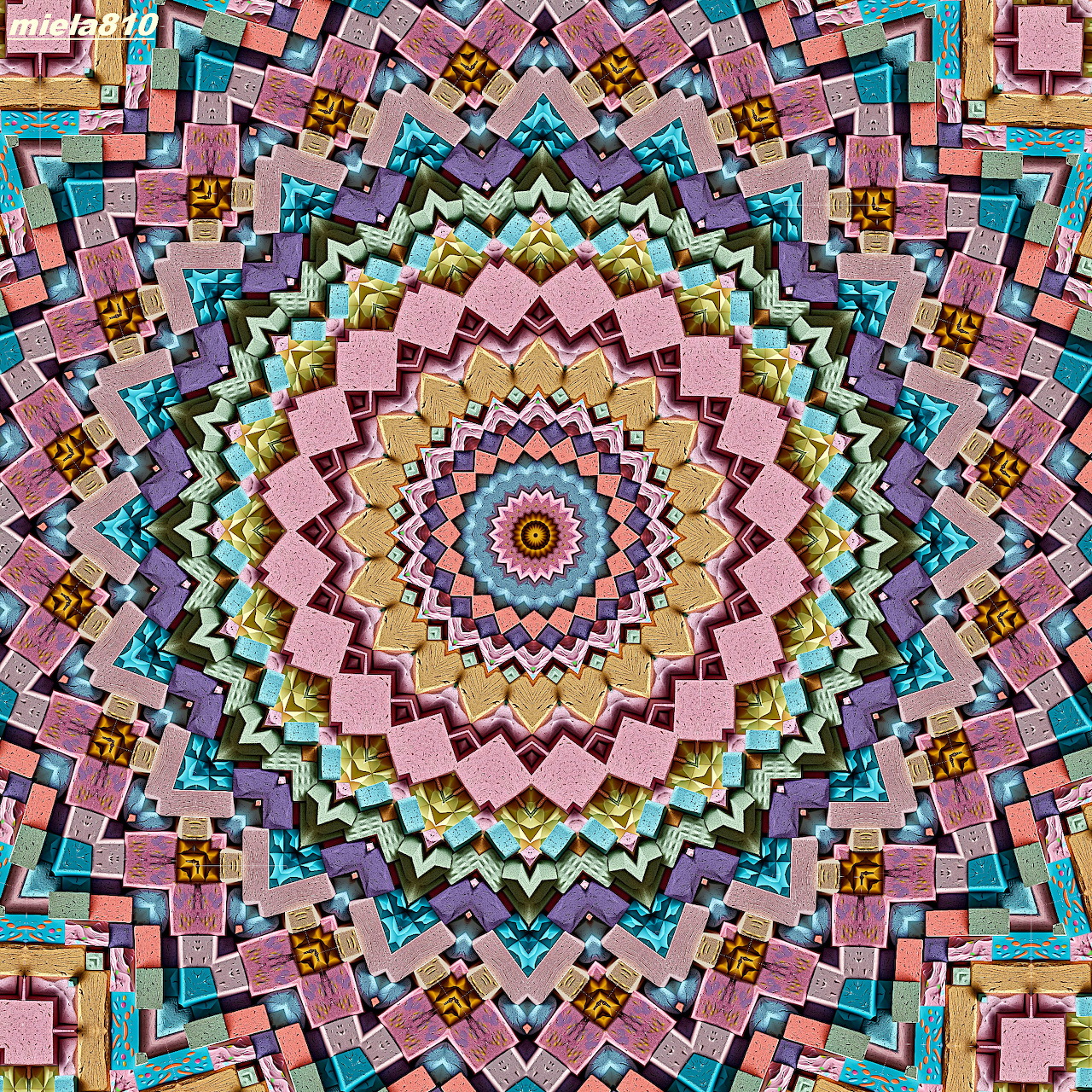 Colorful geometric mandala with pink, yellow, blue patterns in symmetrical circular design