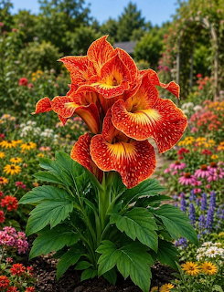 Cluster of bright orange speckled flowers in a colorful garden
