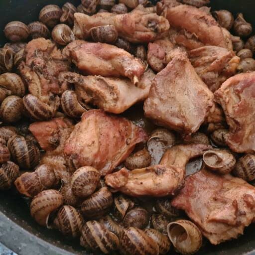 Close-up of cooked rabbit pieces and snails in a pan