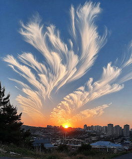 Feathery Clouds Over City Sunset